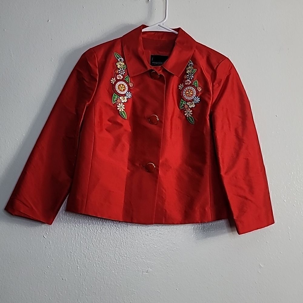 Magaschoni 100% Silk Gorgeous Red Embroidered Blazer - Picture 3 of 12